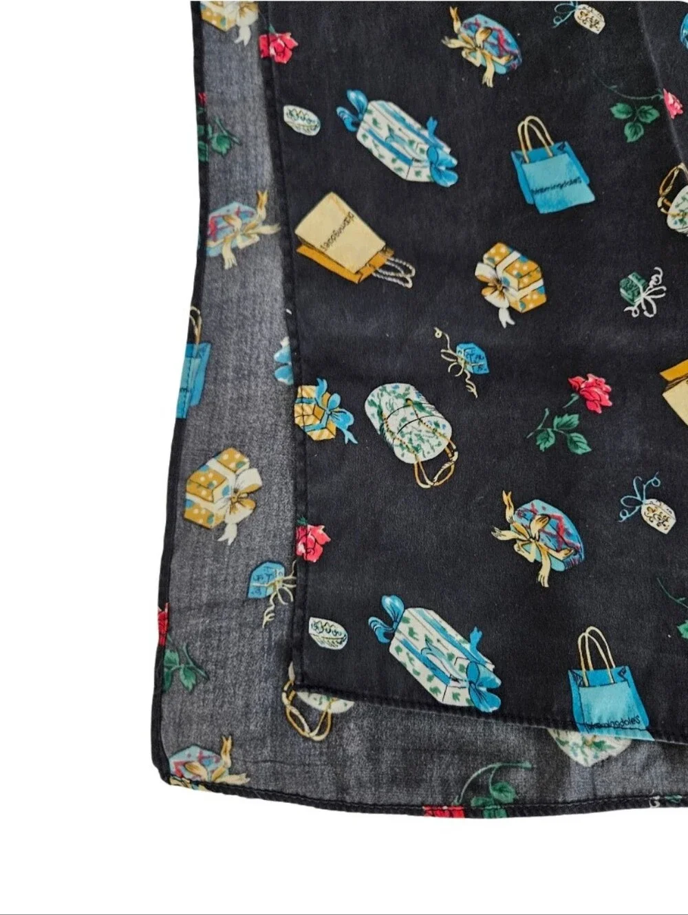 Bloomingdale's Silk Black Printed Silk Scarf with Floral and Bag Motif